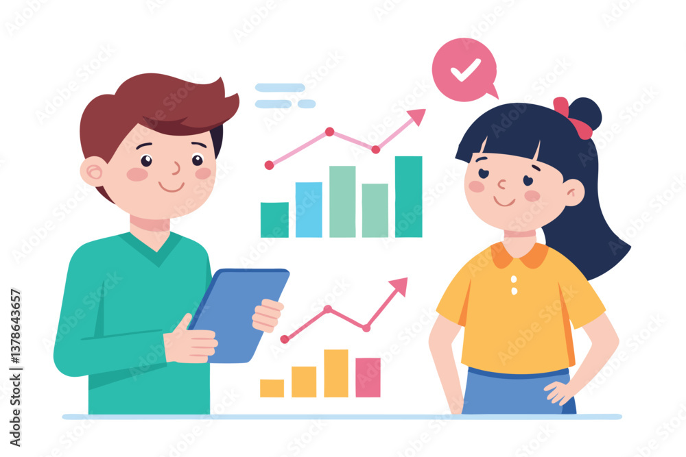 Smiling Man with Tablet and Woman with Data Chart on White Background Smiling Man with Tablet and Woman with Data Chart on White Background