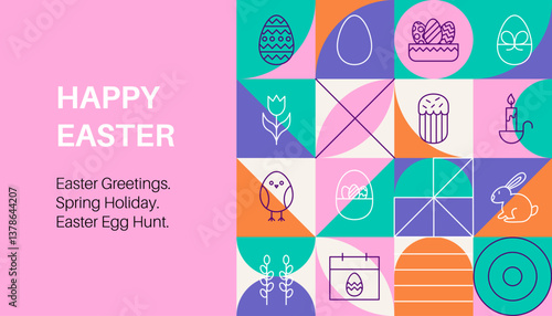 Geometrical Line Happy Easter Banner. Vector Illustration of Triangular and Polygonal Background. Outline Religious Traditional Holiday Symbols. Christianity Objects.