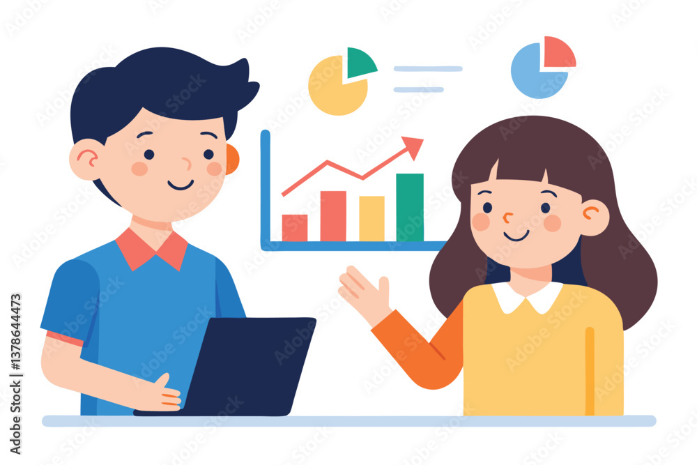 Two people talking about data analysis, charts, diagrams, information Two people talking about data analysis, charts, diagrams, information
