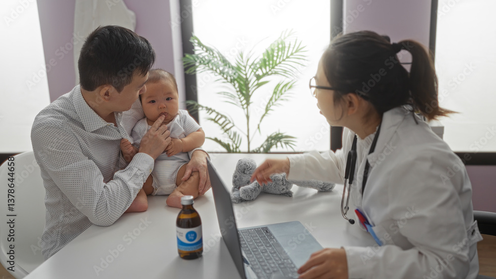Pediatrician examines baby boy with father in clinic room illustrating family care and doctor-patient interaction in a welcoming indoor setting. Pediatrician examines baby boy with father in clinic room illustrating family care and doctor-patient interaction in a welcoming indoor setting.