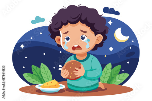 Upset Boy Crying Holding Broken Cake Under Moonlit Night Sky with Stars