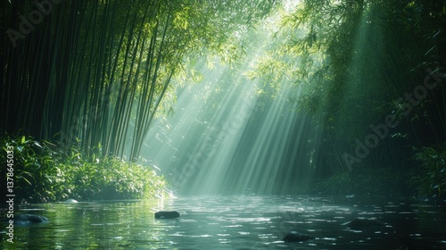 Sunbeams illuminate a serene bamboo forest stream.