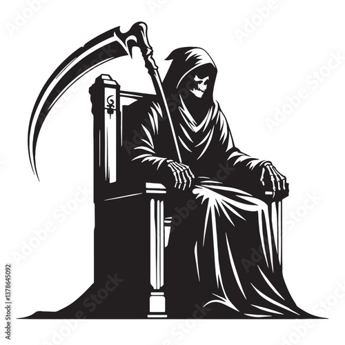 Serene Gothic Hooded Reaper Statue silhouette, symbolizing the passage beyond - Reaper illustration - Reaper vector - Gothic silhouette

