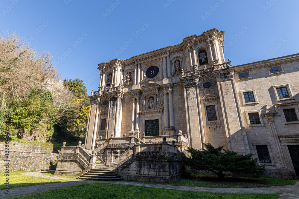 Samos, Spain. Main facade in Renaissance and Baroque styles of the Monastery of San Xulian, an active Benedictine monastery in Galicia
