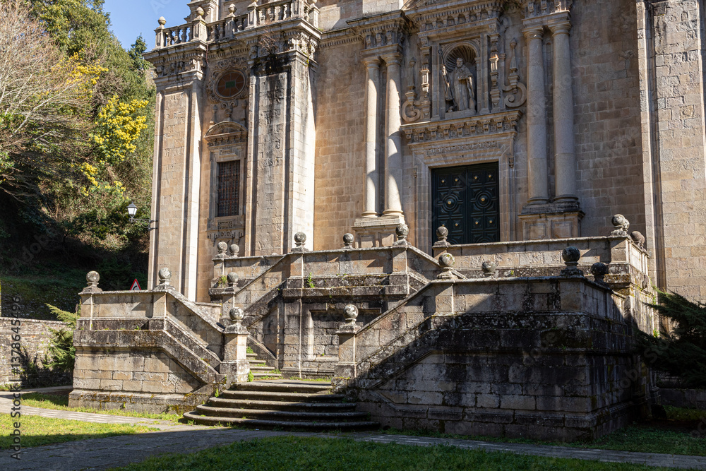 Samos, Spain. Main facade in Renaissance and Baroque styles of the Monastery of San Xulian, an active Benedictine monastery in Galicia