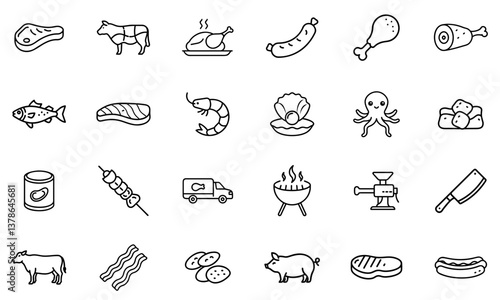 A meat-themed outline icon collection featuring beef, chicken, fish, octopus, butcher tools, packaged meat, and farm animals. Perfect for food design, butchery, and restaurant branding.