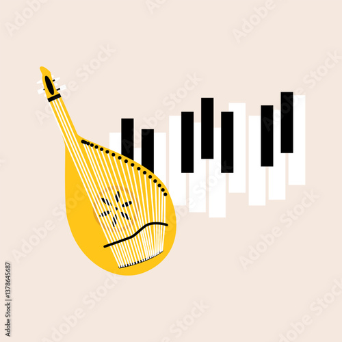 Musical Piano and Traditional Ukrainian String Bandura. Vector Illustration of Arts Music Festival Instrument.