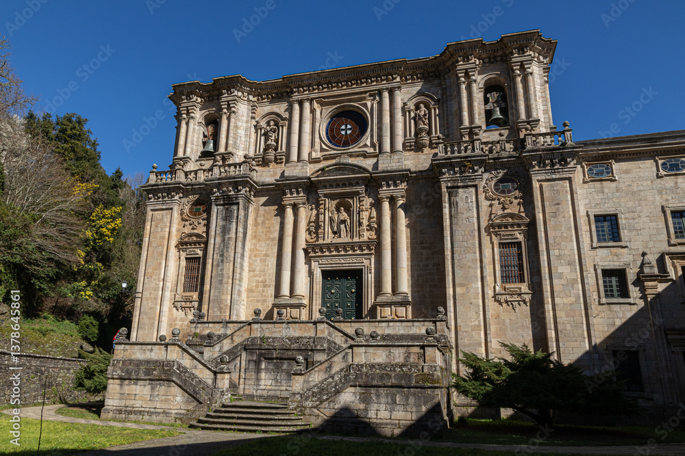 Samos, Spain. Main facade in Renaissance and Baroque styles of the Monastery of San Xulian, an active Benedictine monastery in Galicia