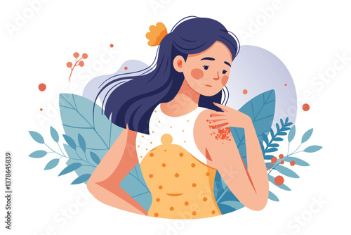 Woman with Skin Rash on Arm in a on White Background