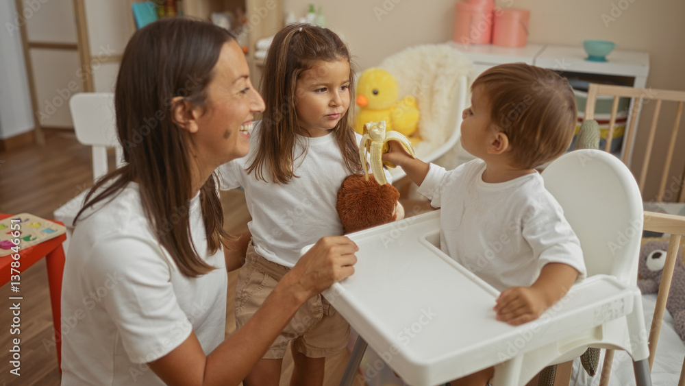 Woman smiling as young boy offers banana to girl in cozy bedroom setting filled with warmth and family love, featuring a nurturing mother and children interaction. Woman smiling as young boy offers banana to girl in cozy bedroom setting filled with warmth and family love, featuring a nurturing mother and children interaction.