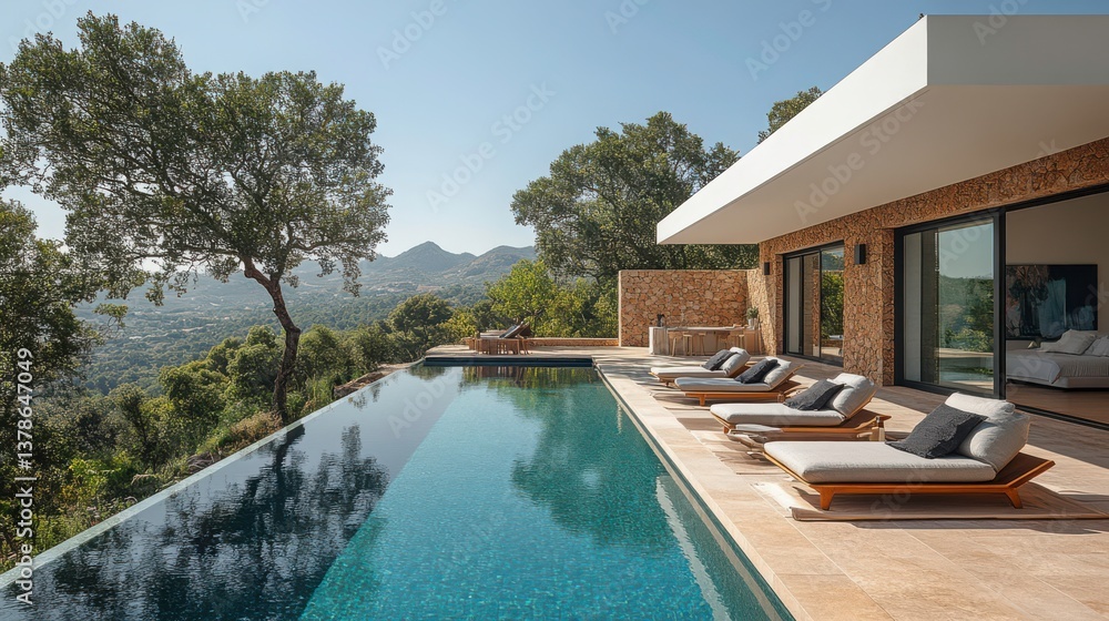 Fototapeta premium An inviting infinity pool adjoins a modern stone home with panoramic views
