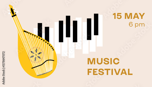 Piano and Bandura String Music Concert Web Banner. Vector Illustration of Arts Musical Festival Instrument.