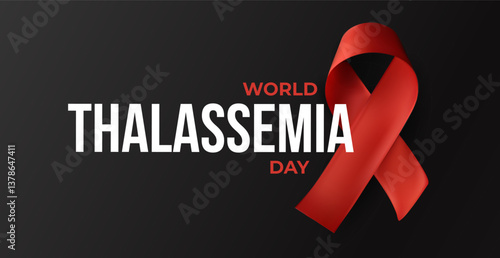 Red ribbon with World Thalassemia Day message on dark gradient background. Emotional symbol for blood disorder awareness, support, genetic illness. Glossy 3D vector illustration.