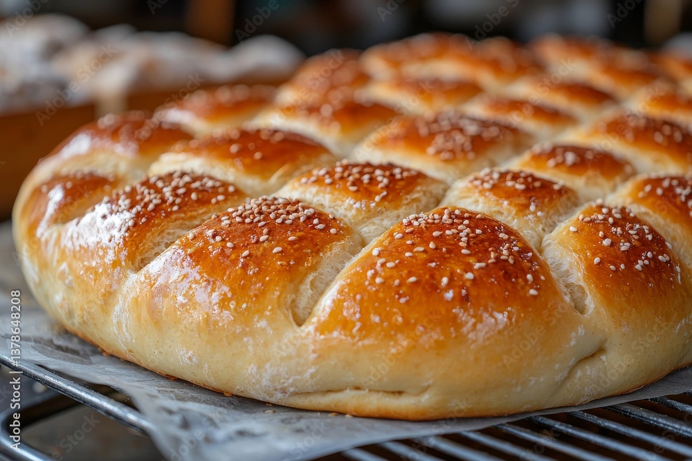 Golden Brown Greek Bread with Cross-Patterned Top and Sesame Sprinkles Golden Brown Greek Bread with Cross-Patterned Top and Sesame Sprinkles
