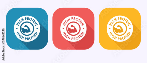 High protein icon, High protein label design, Nutrition healthy eating badge in shadow button design