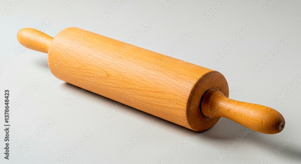 Rolling Pin: A close-up view of a wooden rolling pin, a kitchen tool for baking and food preparation, with light falling on the surface, highlighting its details. Rolling Pin: A close-up view of a wooden rolling pin, a kitchen tool for baking and food preparation, with light falling on the surface, highlighting its details.