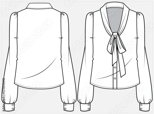 LONG SLEEVES FORMAL CORPORATE WEAR SHIRT WITH PUSSY TIE UP BOW DESIGNED FOR WOMEN IN VECTOR FILE