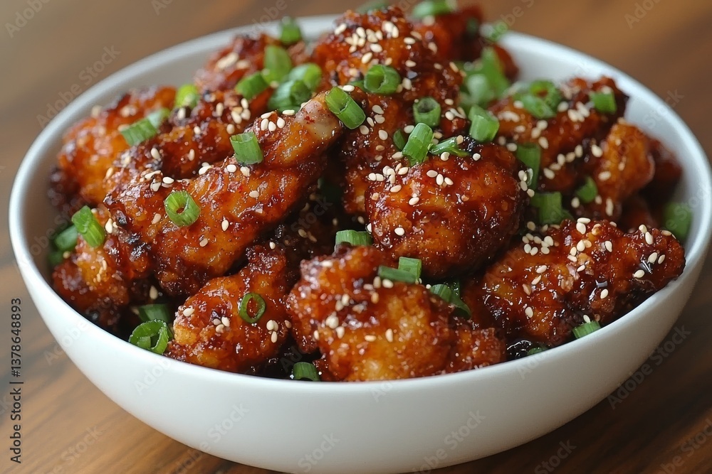 Spicy Korean Fried Chicken Garnished with Green Onions and Sesame Seeds Spicy Korean Fried Chicken Garnished with Green Onions and Sesame Seeds