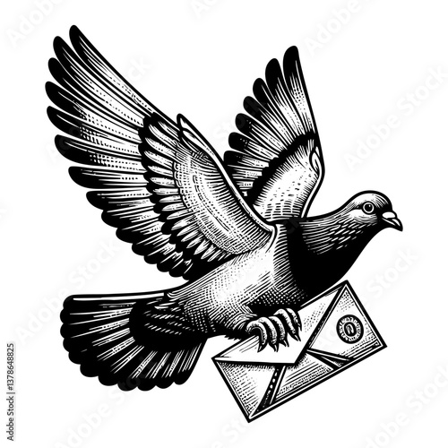Pigeon carrying letter sketch engraving black and white outline. Scratch board imitation.  illustrated in vintage line art style on a white background.
