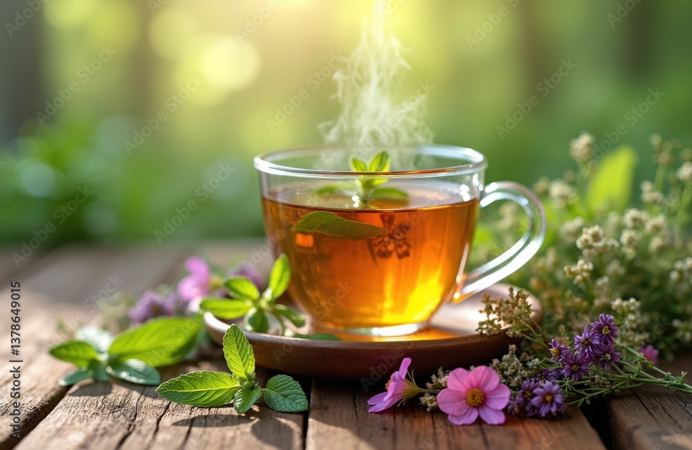 Freshly brewed herbal tea in glass cup on wooden table. Mint, chamomile, thyme herbs tea infusion for wellness, relaxation. Natural organic beverage, healthy drink with blooming flowers. Freshly brewed herbal tea in glass cup on wooden table. Mint, chamomile, thyme herbs tea infusion for wellness, relaxation. Natural organic beverage, healthy drink with blooming flowers.