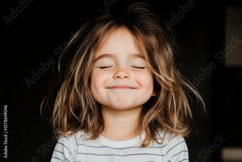 Joyful child closing eyes and smiling, showing dimples on black background