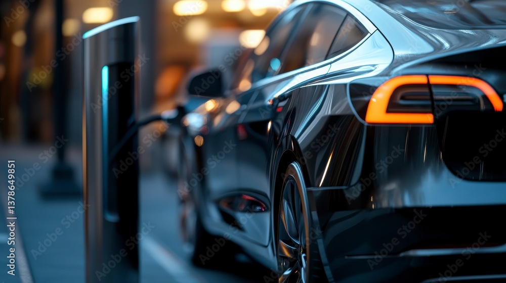 Electric Vehicle Charging At Night In Urban Setting Electric Vehicle Charging At Night In Urban Setting