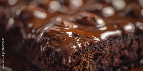 Close-up of a rich chocolate cake slice topped with glossy chocolate icing, showcasing its moist texture and decadent layers.
