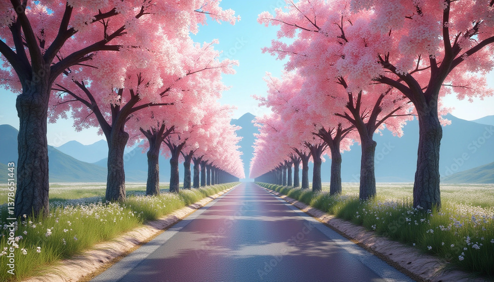 Fototapeta premium Blossoming Journey: A Road Through Cherry Blossom Tunnel