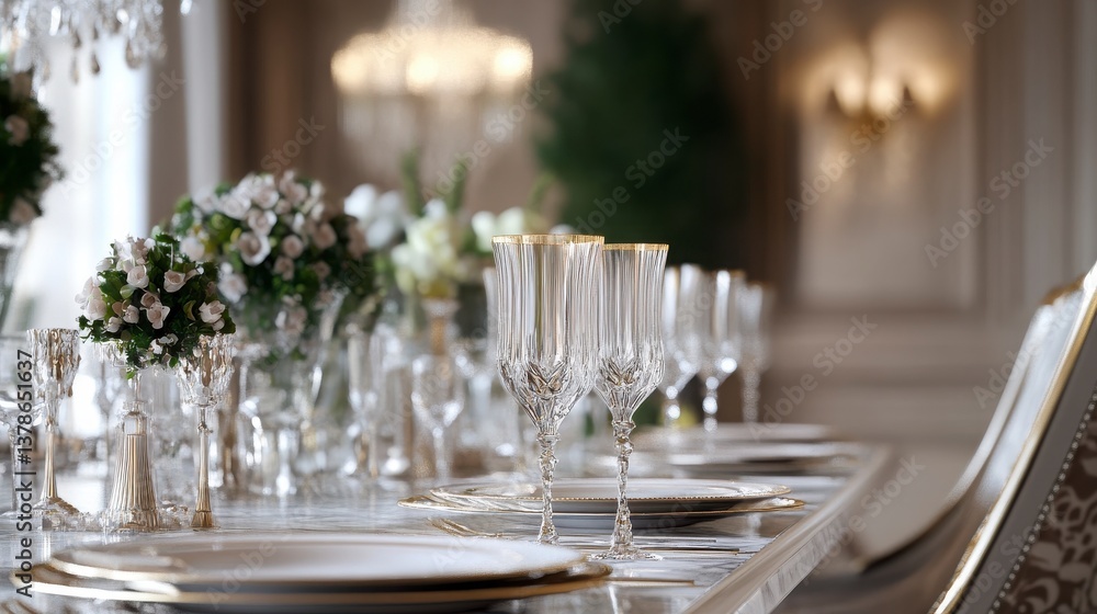 Elegant Crystal Glassware On Luxurious White Table Setting Elegant Crystal Glassware On Luxurious White Table Setting