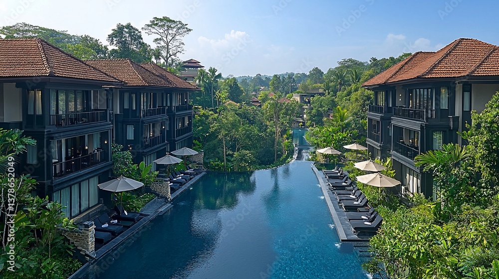 Obraz premium Luxurious resort nestled in a lush valley. Tranquil infinity pool amidst tropical greenery