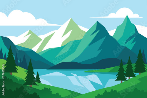 Serene Mountain Range Flat Green Valley Blue Lake Scenery