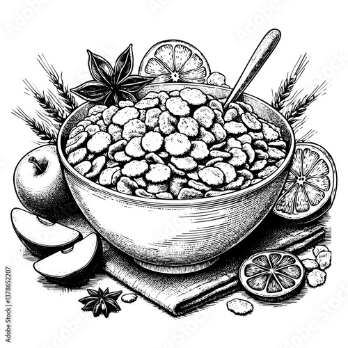 Cornflakes cereal sketch portrait engraving black and white outline. Scratch board imitation.