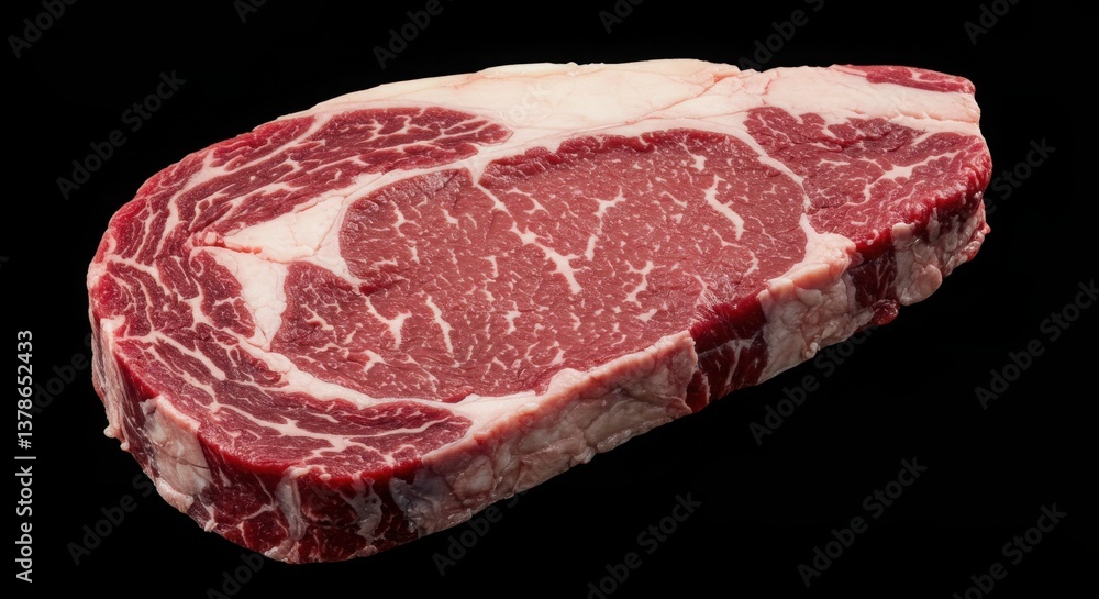 A raw ribeye steak with marbling on a black background showing texture and color variation clearly A raw ribeye steak with marbling on a black background showing texture and color variation clearly