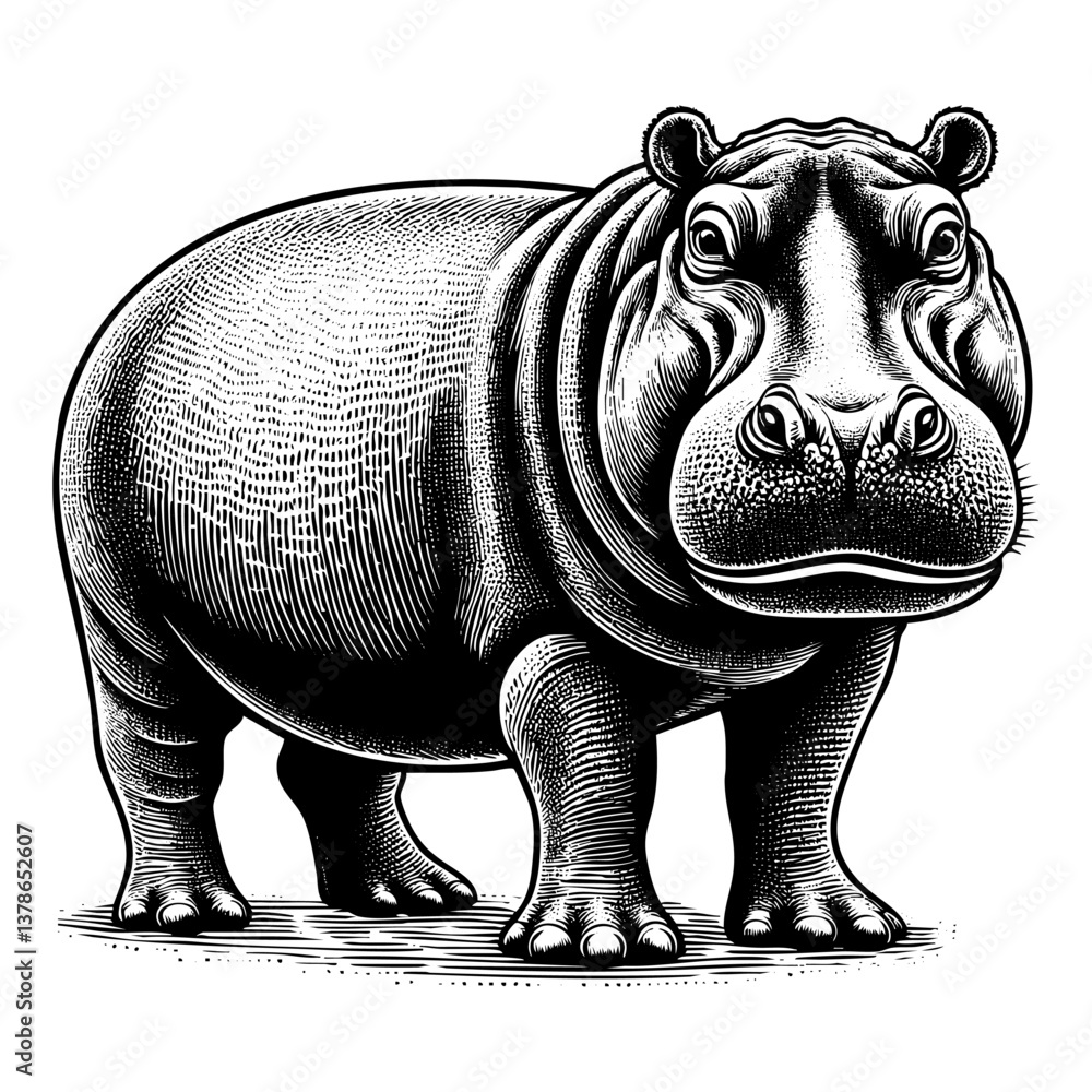 Fototapeta premium Hippopotamus sketch engraving black and white outline. Scratch board imitation. 