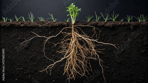 Cross-section view of plant root system growing deeply in soil against a black background, illustrating underground growth, structure, and botanical education