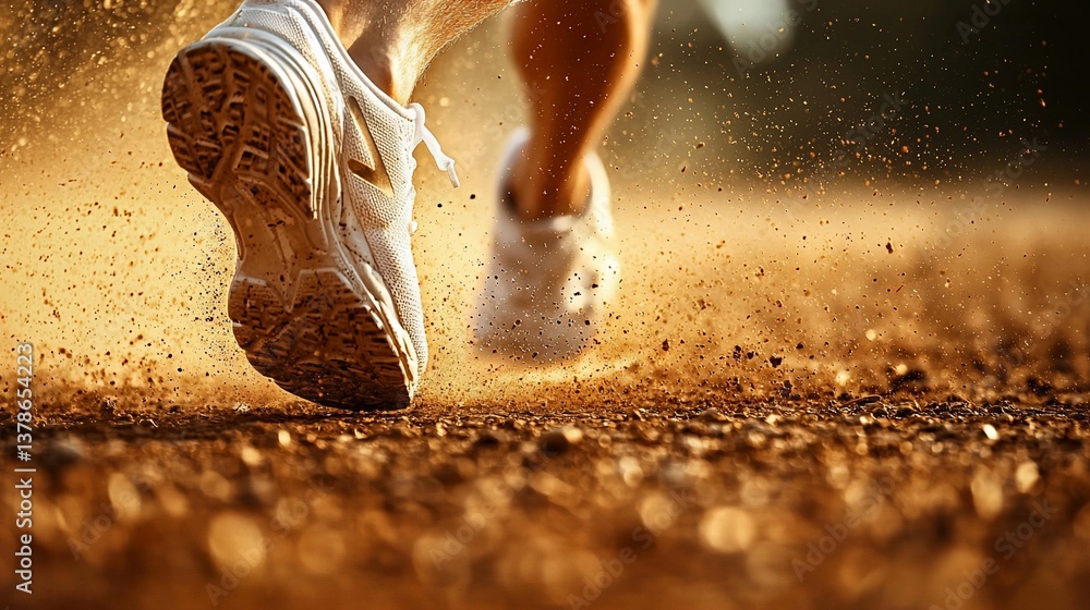 Fototapeta premium Runner's feet on dirt track, sunset background, sports action
