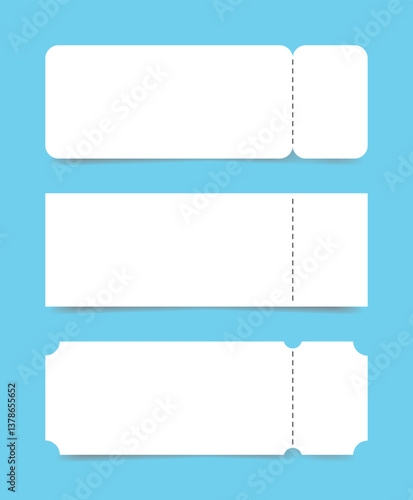 A set of three white tickets with a tear-off part, frills and a shadow on a blue background. Blank form. Ticket or coupon for a concert, cinema or theater
