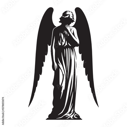 Dark Gothic Weeping Angel statue silhouette, a vision of sorrowful grace - Gothic Weeping Angel illustration - Gothic Weeping Angel vector - Gothic silhouette

