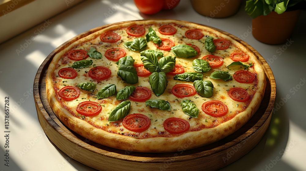 Close Up Pizza with Tomato and Basil Toppings on Wooden Plate in Natural Sunlight Close Up Pizza with Tomato and Basil Toppings on Wooden Plate in Natural Sunlight
