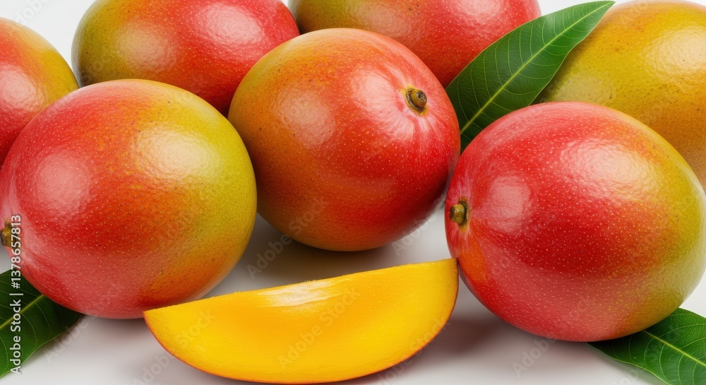 Arrangement of several ripe mangoes with a slice on a white surface showcasing their colors Arrangement of several ripe mangoes with a slice on a white surface showcasing their colors