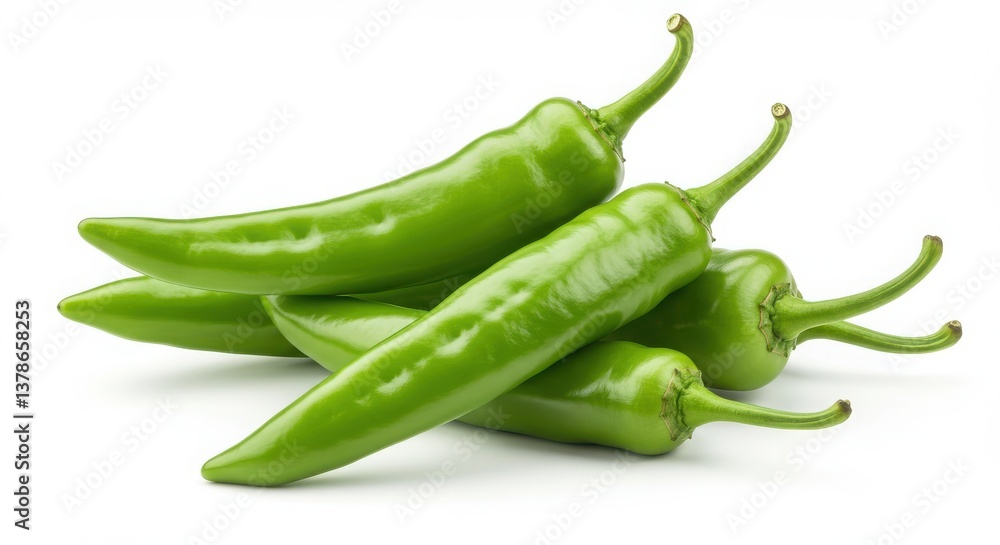 A close up of a pile of fresh green chili peppers on a white surface in a studio setting A close up of a pile of fresh green chili peppers on a white surface in a studio setting