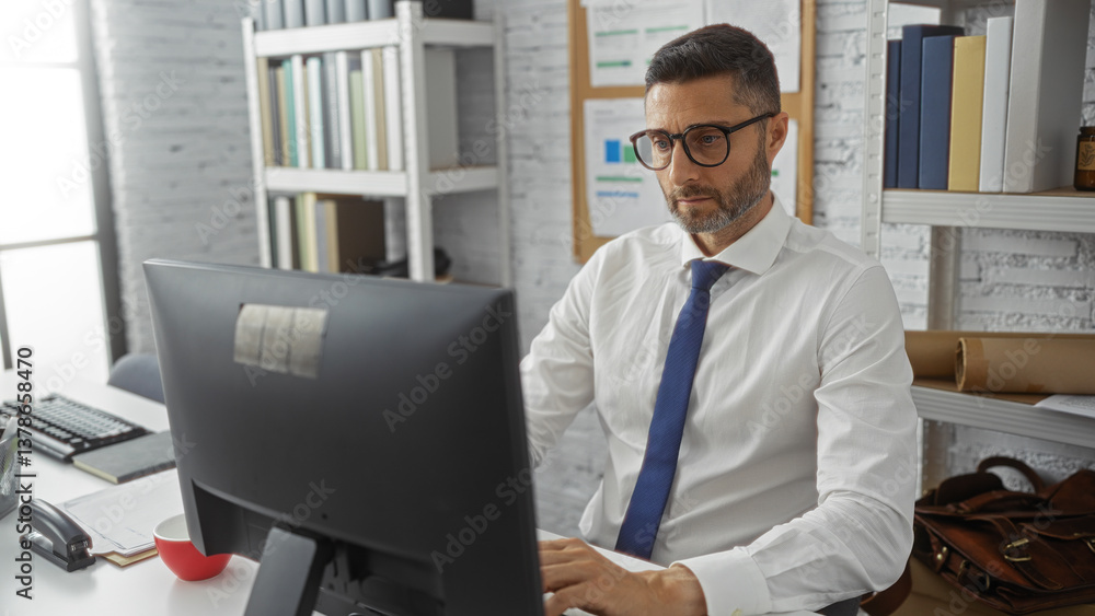 Man working at desk in office with computer and documents, wearing glasses and tie, focused on screen in professional workspace with bookshelves. Man working at desk in office with computer and documents, wearing glasses and tie, focused on screen in professional workspace with bookshelves.