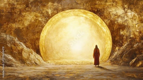 The resurrection of Jesus Christ, empty tomb with light streaming in, Mary Magdalene standing in awe, golden morning light