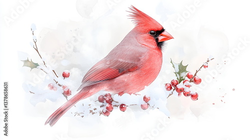 Vibrant Red Cardinal in a Soft Winter Watercolor Composition