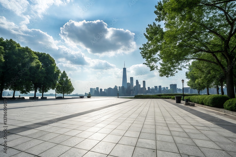Serene cityscape vista, a tranquil park view showcasing a peaceful urban landscape under a bright, sunny sky with lush green trees. Serene cityscape vista, a tranquil park view showcasing a peaceful urban landscape under a bright, sunny sky with lush green trees.