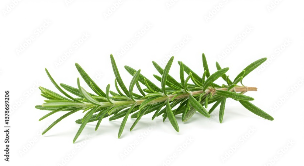 Fototapeta premium A single sprig of fresh rosemary with green leaves isolated on a plain white background close up view