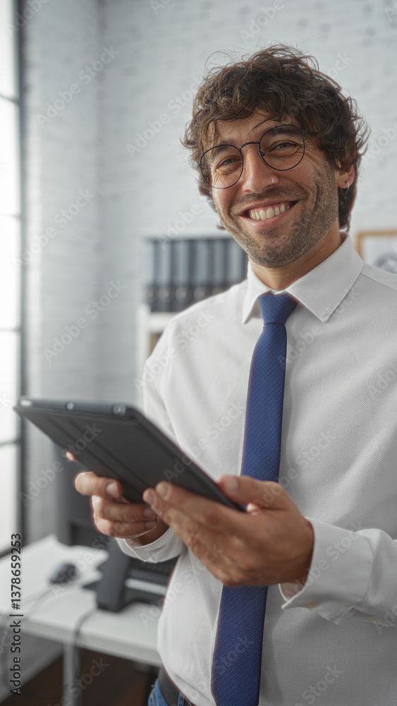 Young man with glasses smiling in an office while holding a tablet, suggesting a professional and positive work environment. Young man with glasses smiling in an office while holding a tablet, suggesting a professional and positive work environment.