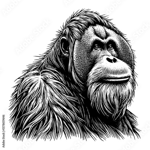 Orangutan sketch engraving black and white outline. Scratch board imitation.  illustrated in vintage line art style on a white background.
