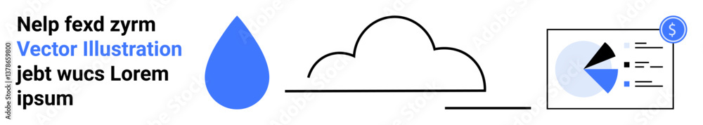 Raindrop symbol, simplified cloud outline, financial data chart with currency sign. Ideal for cloud storage, weather, finance, analytics, technology, data management simple landing page Raindrop symbol, simplified cloud outline, financial data chart with currency sign. Ideal for cloud storage, weather, finance, analytics, technology, data management simple landing page