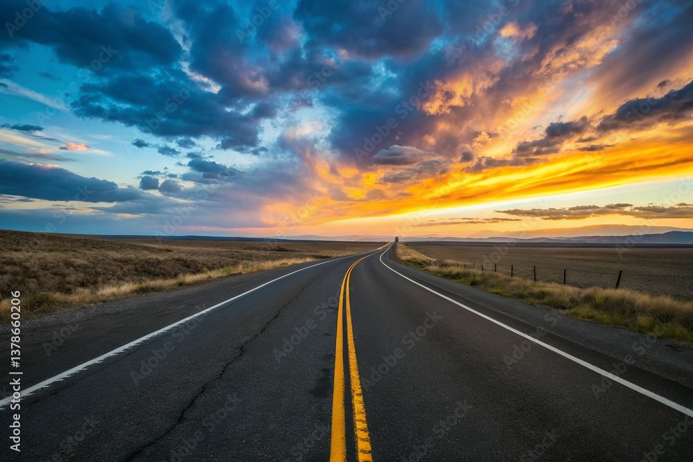 An open highway stretching towards a breathtaking sunset, promising adventure and freedom under a vibrant, fiery sky. An open highway stretching towards a breathtaking sunset, promising adventure and freedom under a vibrant, fiery sky.